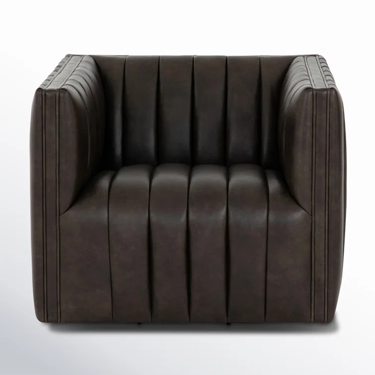 Deacon Wolf Genuine Leather 32" Modern Swivel Chair in Black