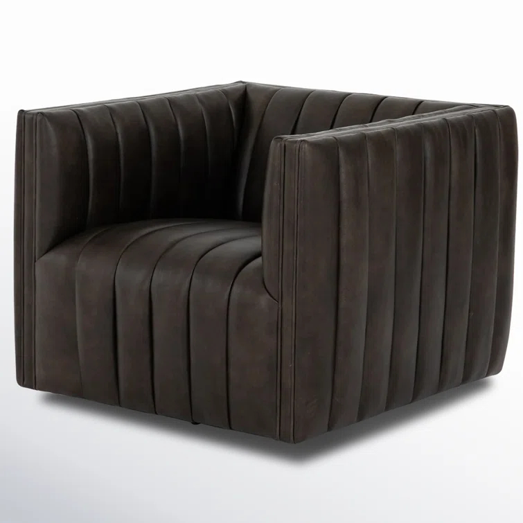 Deacon Wolf Genuine Leather 32" Modern Swivel Chair in Black