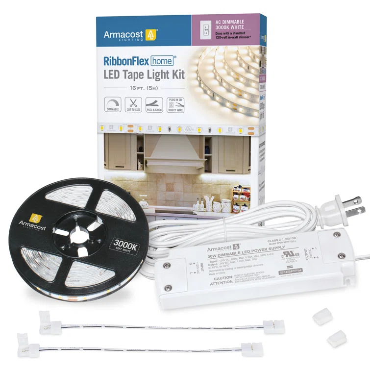 RibbonFlex Home 24V AC Dimmable White LED Strip Light Kit, 3000K