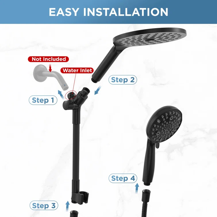 Dual Handheld Shower Head Combo, 2-In-1 Rain Shower Heads System 8 Inch Rainfall Shower Head And 10 Modes High Pressure Hand Held Showerhead With Built-In Power Wash