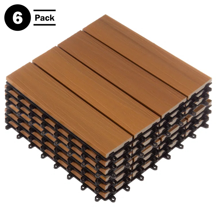 Deck Tiles - 6-Pack Wood Plastic Composite Interlocking Patio Tiles - 5.8SQFT Outdoor Flooring for Balcony, Porch, and Garage by Pure Garden