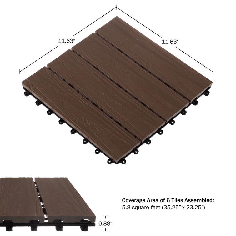 Deck Tiles - 6-Pack Wood Plastic Composite Interlocking Patio Tiles - 5.8SQFT Outdoor Flooring for Balcony, Porch, and Garage by Pure Garden