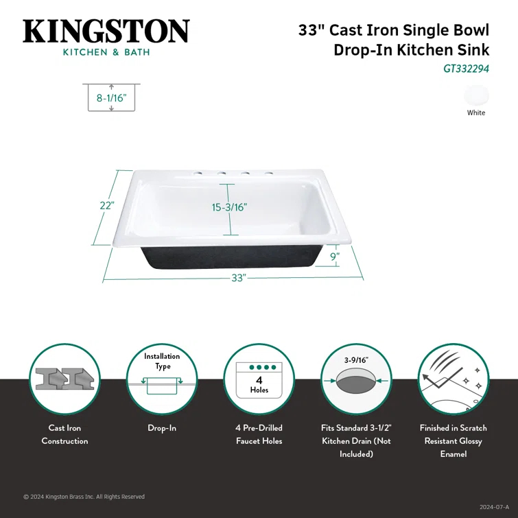 Kingston Brass Towne 33-Inch Cast Iron Self-Rimming Single Bowl Drop-In Kitchen Sink