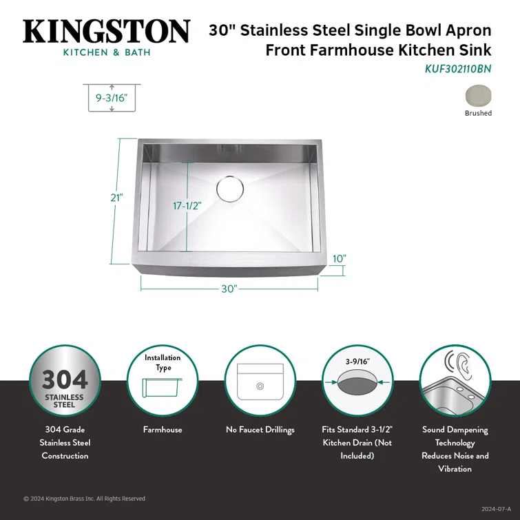 Kingston Brass Denver 30-Inch Stainless Steel Apron-Front Single Bowl Farmhouse Kitchen Sink