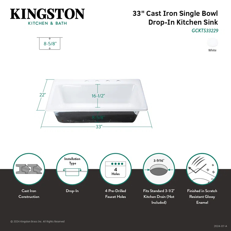 Kingston Brass Towne 33-Inch Cast Iron Self-Rimming 4-Hole Single Bowl Drop-In Kitchen Sink