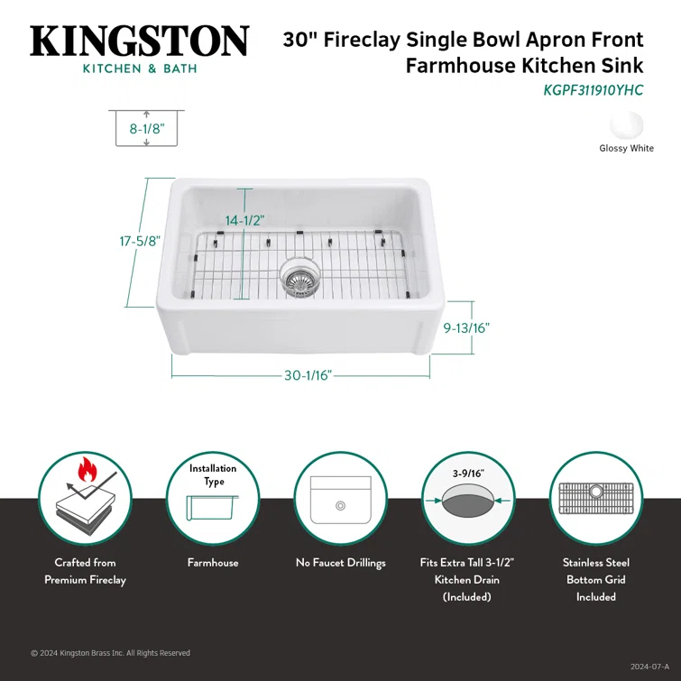 Kingston Brass Kaolin 30-Inch Fireclay Farmhouse Kitchen Sink