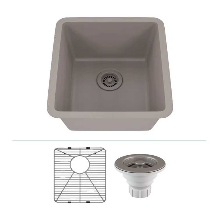 Lexicon Quartz 16" x 18" Quartz Kitchen Sink, Single Bowl Sink, Drop-in Sink, Undermount Sink, Granite Kitchen Sink, with Steel Grids and Basket Strainer LP-1618-C