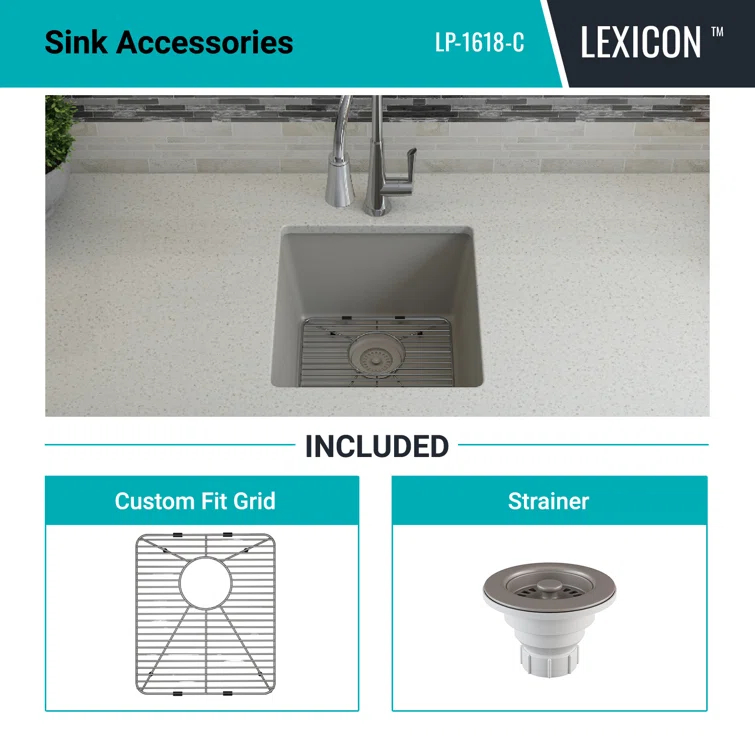 Lexicon Quartz 16" x 18" Quartz Kitchen Sink, Single Bowl Sink, Drop-in Sink, Undermount Sink, Granite Kitchen Sink, with Steel Grids and Basket Strainer LP-1618-C