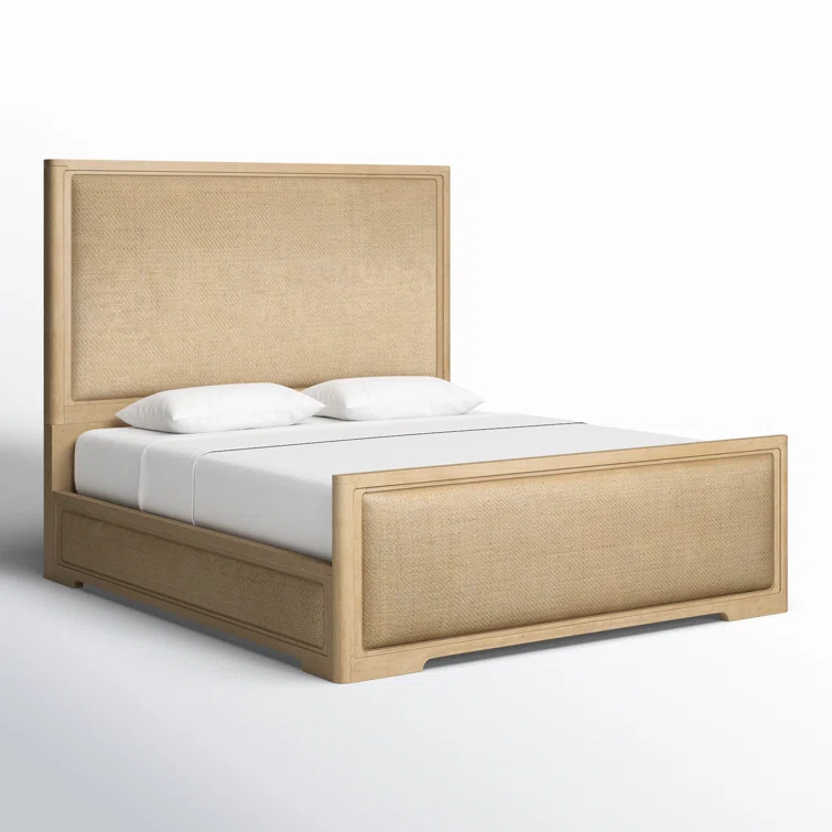 Beige King Wood Frame Panel Bed with Upholstered Headboard