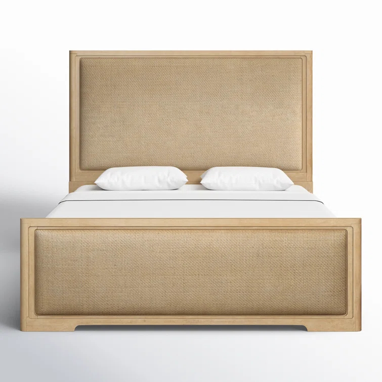 Beige King Wood Frame Panel Bed with Upholstered Headboard