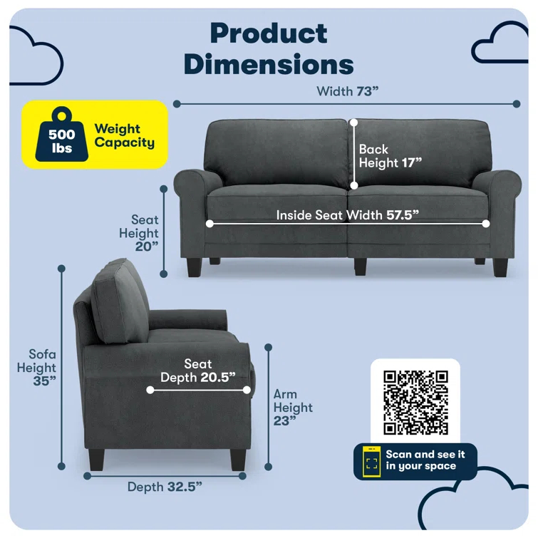 Serta Copenhagen 73" Rolled Arm Sofa, Easy Care Fabric, Soft Pillow Back, Pocket Coil Seat Cushions