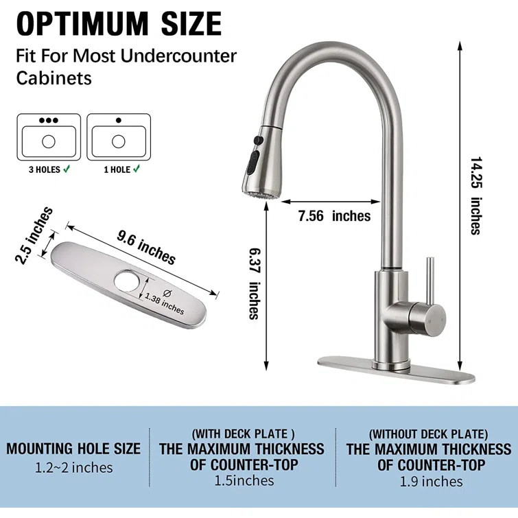 Brushed Nickel Kitchen Sink Faucet with Pull Down Sprayer Single Handle Single Hole Mixer Tap