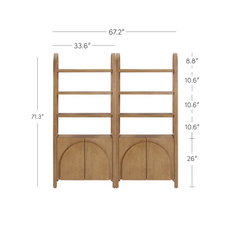 3 Tier Arched Bookshelf With Cabinet Base And Solid Wood Frame (2-Piece Set)