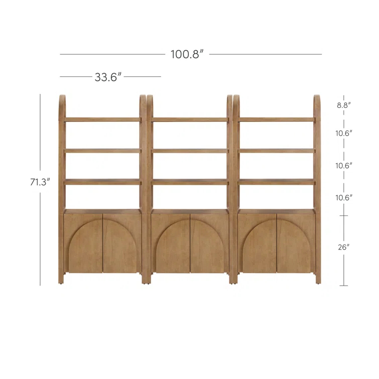 3 Tier Arched Bookshelf With Cabinet Base And Solid Wood Frame (3-Piece Set)