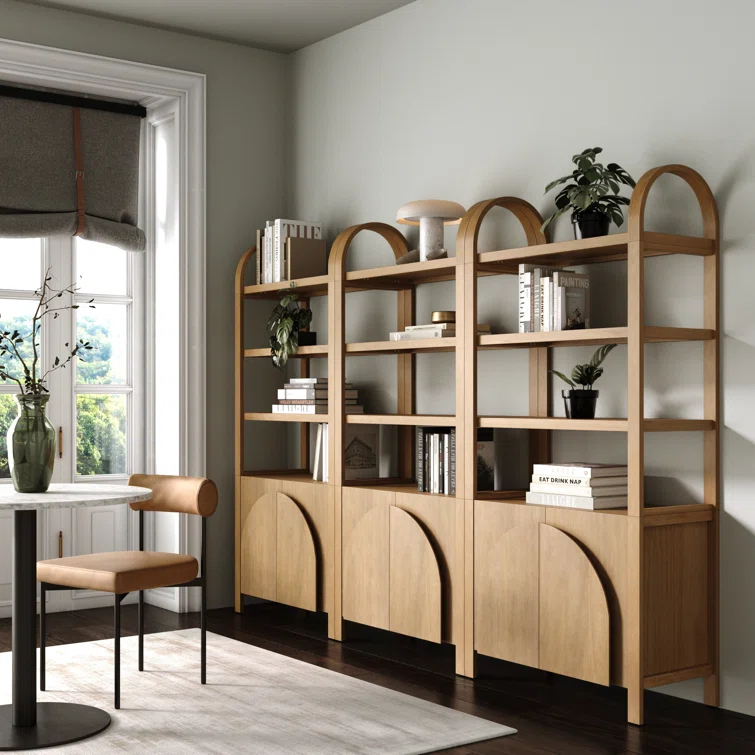 3 Tier Arched Bookshelf With Cabinet Base And Solid Wood Frame (3-Piece Set)