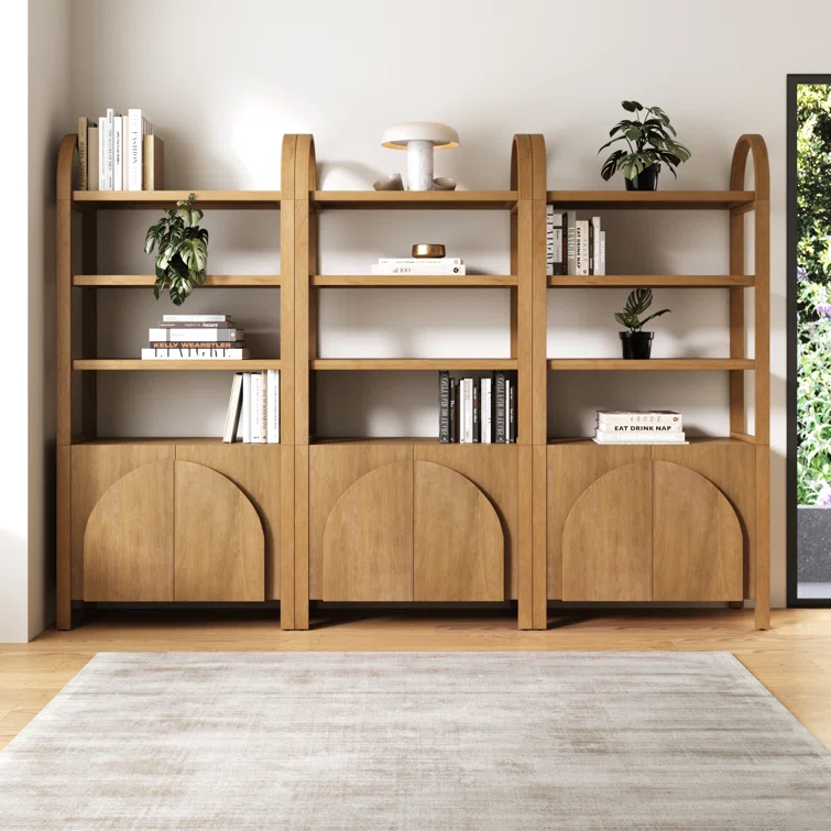 3 Tier Arched Bookshelf With Cabinet Base And Solid Wood Frame (3-Piece Set)