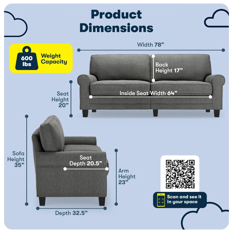 Serta Copenhagen 78" Rolled Arm Sofa, Easy Care Fabric, Soft Pillow Back, Pocket Coil Seat Cushions