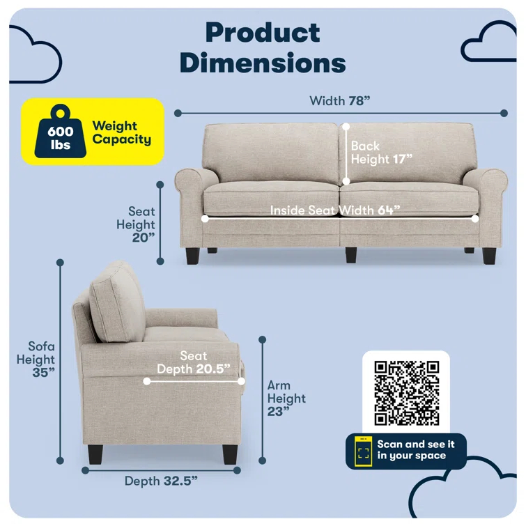 Serta Copenhagen 78" Rolled Arm Sofa, Easy Care Fabric, Soft Pillow Back, Pocket Coil Seat Cushions