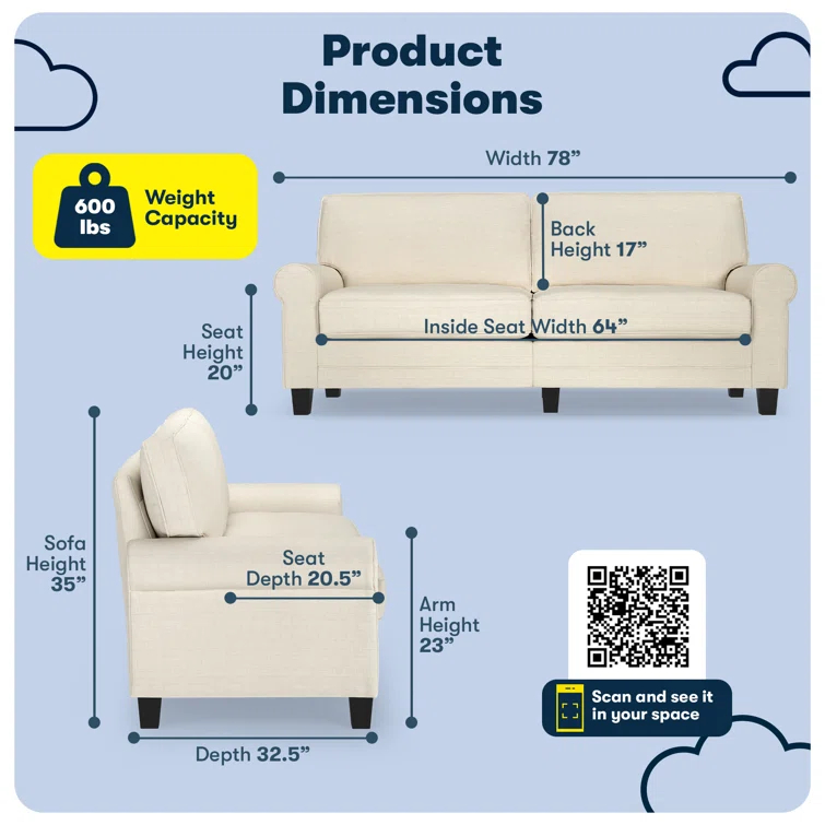 Serta Copenhagen 78" Rolled Arm Sofa, Easy Care Fabric, Soft Pillow Back, Pocket Coil Seat Cushions