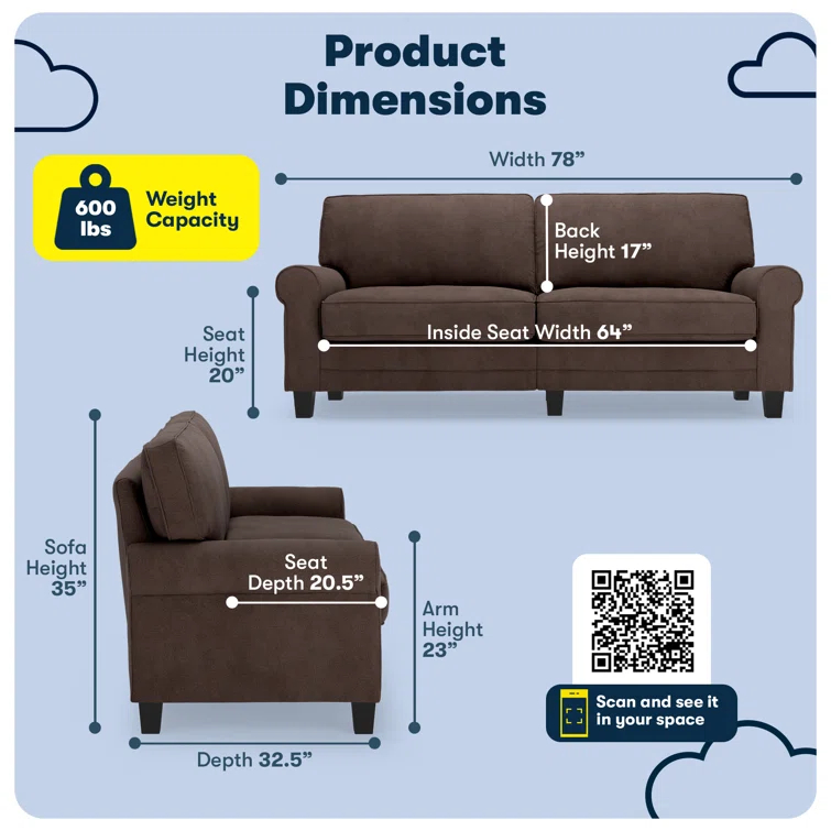 Serta Copenhagen 78" Rolled Arm Sofa, Easy Care Fabric, Soft Pillow Back, Pocket Coil Seat Cushions
