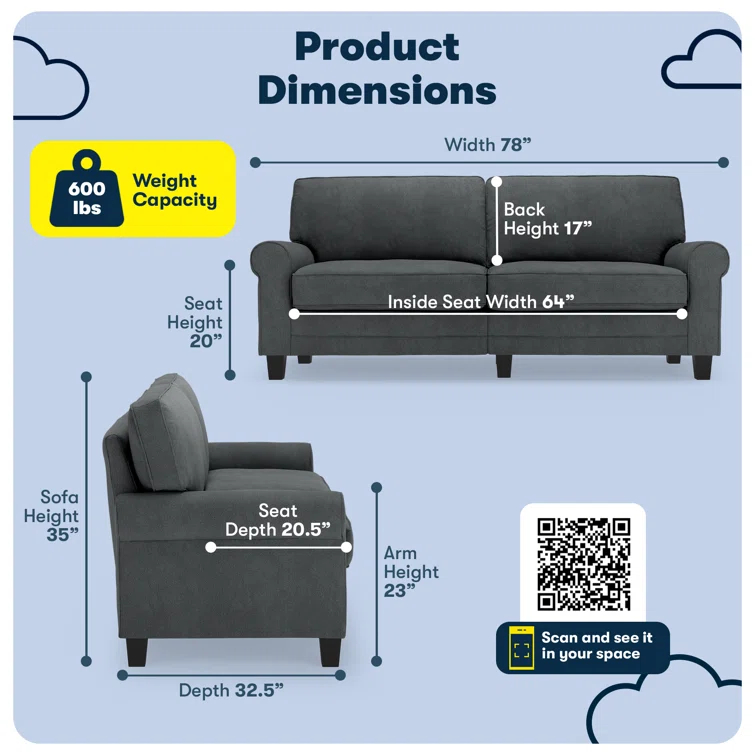 Serta Copenhagen 78" Rolled Arm Sofa, Easy Care Fabric, Soft Pillow Back, Pocket Coil Seat Cushions