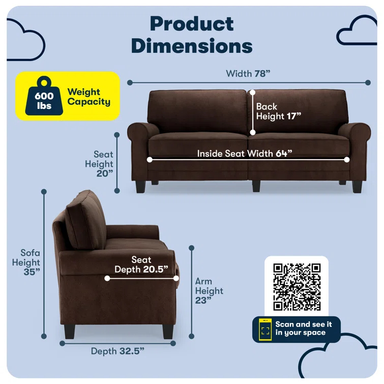 Serta Copenhagen 78" Rolled Arm Sofa, Easy Care Fabric, Soft Pillow Back, Pocket Coil Seat Cushions