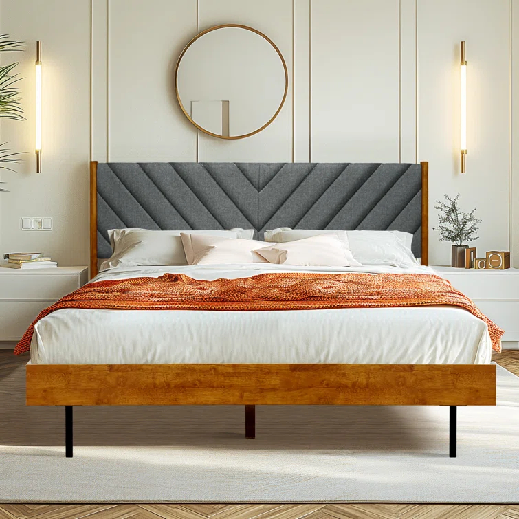 Felisha Solid Wood King Upholstered Bed Frame with Fabric Headboard, Contemporary Modern Upholstered Platform Bed