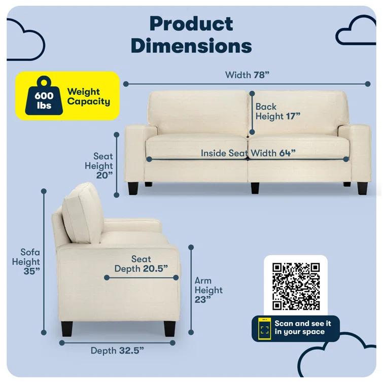 Serta Palisades 78" Track Arm Sofa, Easy Care Fabric, Soft Pillow Back, Pocket Coil Seat Cushions