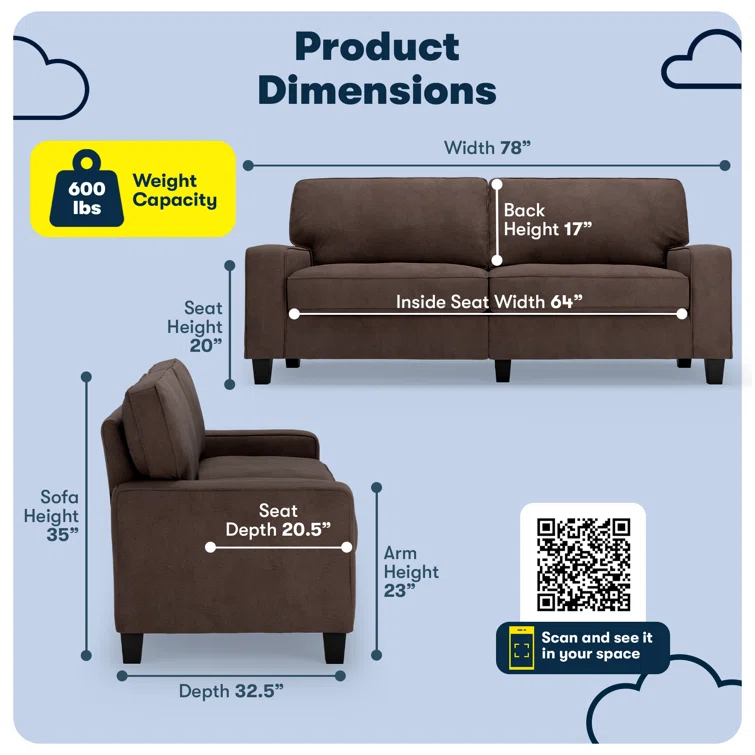 Serta Palisades 78" Track Arm Sofa, Easy Care Fabric, Soft Pillow Back, Pocket Coil Seat Cushions