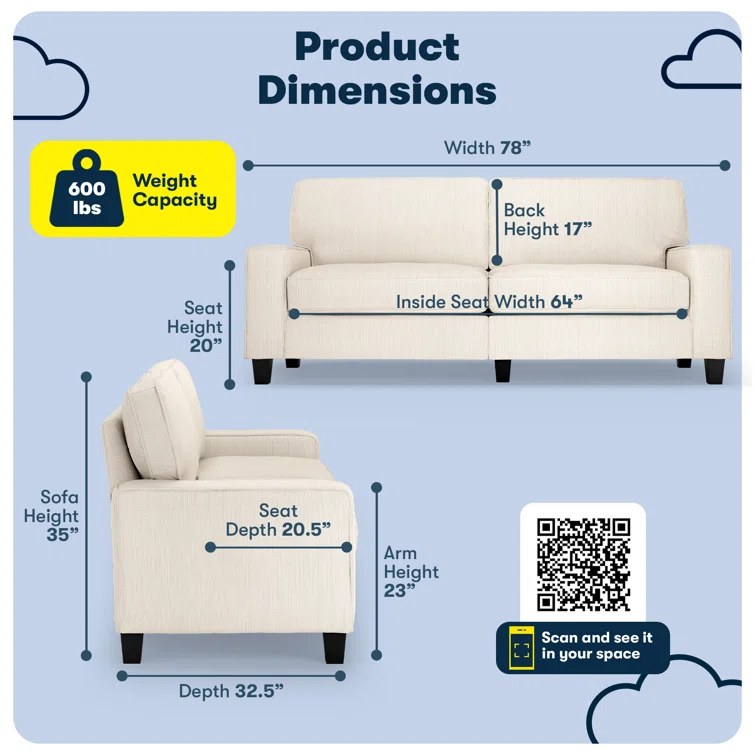 Serta Palisades 78" Track Arm Sofa, Easy Care Fabric, Soft Pillow Back, Pocket Coil Seat Cushions