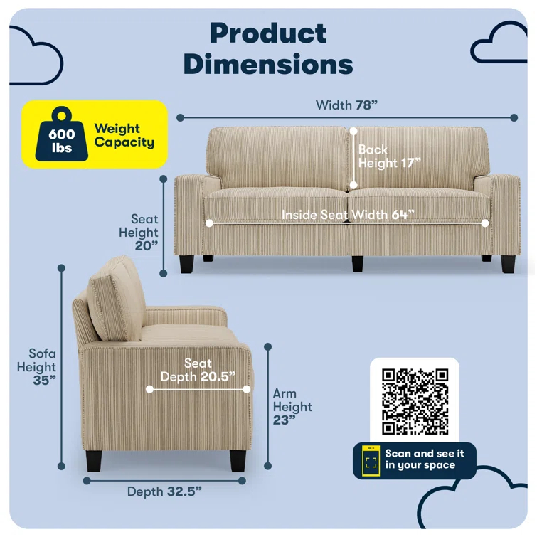 Serta Palisades 78" Track Arm Sofa, Easy Care Fabric, Soft Pillow Back, Pocket Coil Seat Cushions