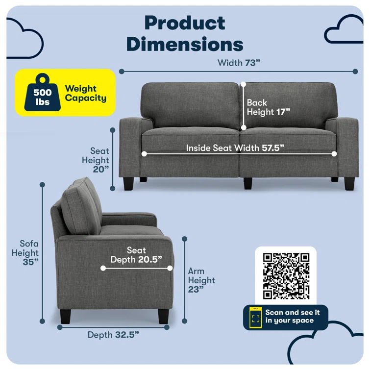 Serta Palisades 73" Track Arm Sofa, Easy Care Fabric, Soft Pillow Back, Pocket Coil Seat Cushions