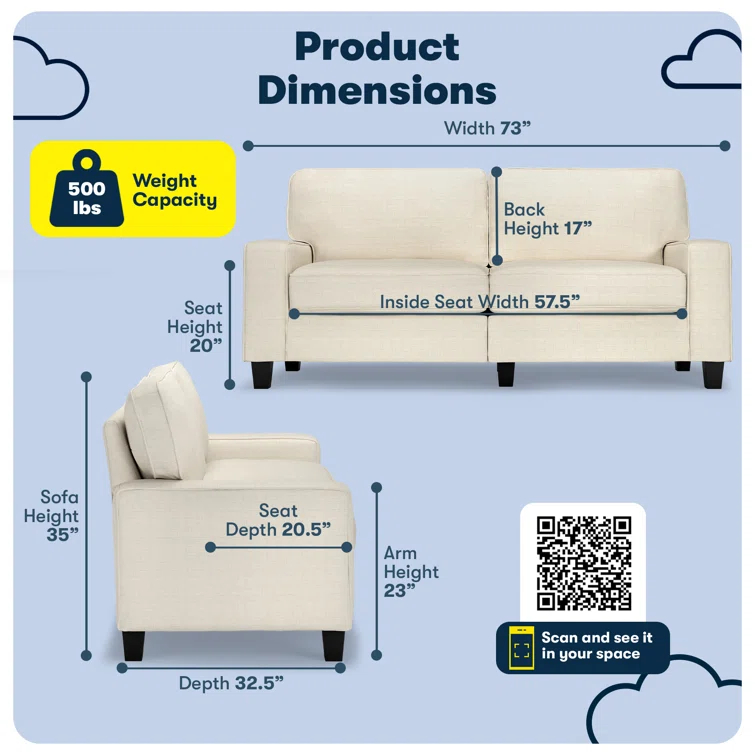 Serta Palisades 73" Track Arm Sofa, Easy Care Fabric, Soft Pillow Back, Pocket Coil Seat Cushions
