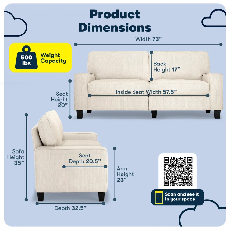 Serta Palisades 73" Track Arm Sofa, Easy Care Fabric, Soft Pillow Back, Pocket Coil Seat Cushions