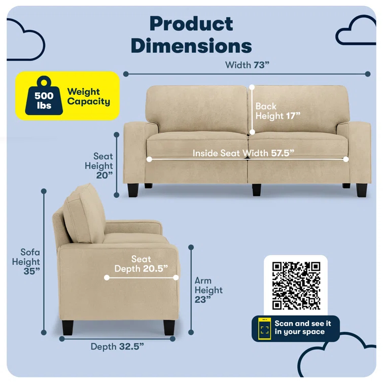 Serta Palisades 73" Track Arm Sofa, Easy Care Fabric, Soft Pillow Back, Pocket Coil Seat Cushions