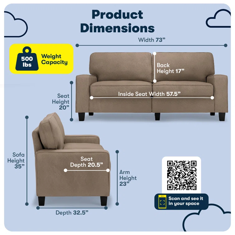 Serta Palisades 73" Track Arm Sofa, Easy Care Fabric, Soft Pillow Back, Pocket Coil Seat Cushions