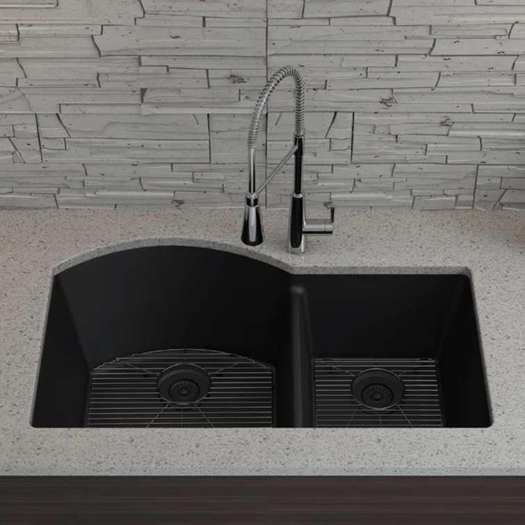 32" x 20" Quartz Kitchen Sink, 70/30 Double Bowl Sink, Drop-in Sink, Undermount Sink, Granite Kitchen Sink, with 2 Steel Grids and Basket Strainer, Disposal Flange