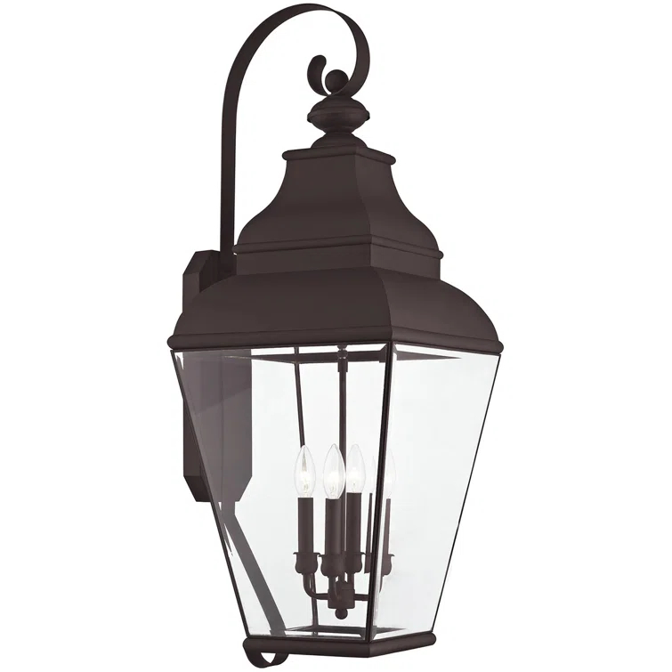 13.75in 4-Light Outdoor Wall Lantern Pendant with Clear Beveled Glass Shade: Fixture