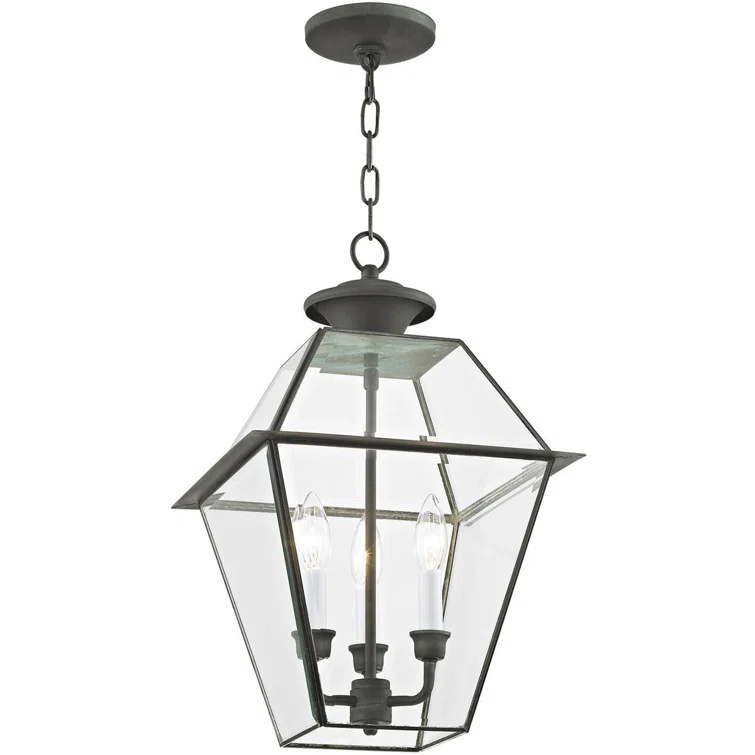 12in 3-Light Outdoor Chain Lantern Pendant with Clear Beveled Glass Shade