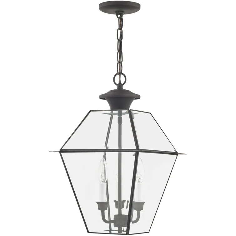 12in 3-Light Outdoor Chain Lantern Pendant with Clear Beveled Glass Shade