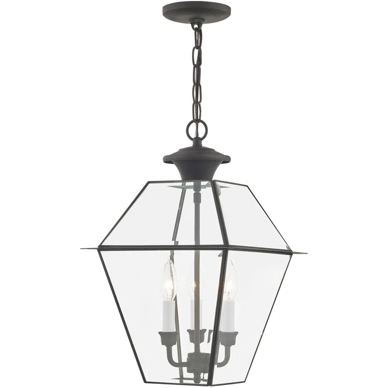 12in 3-Light Outdoor Chain Lantern Pendant with Clear Beveled Glass Shade