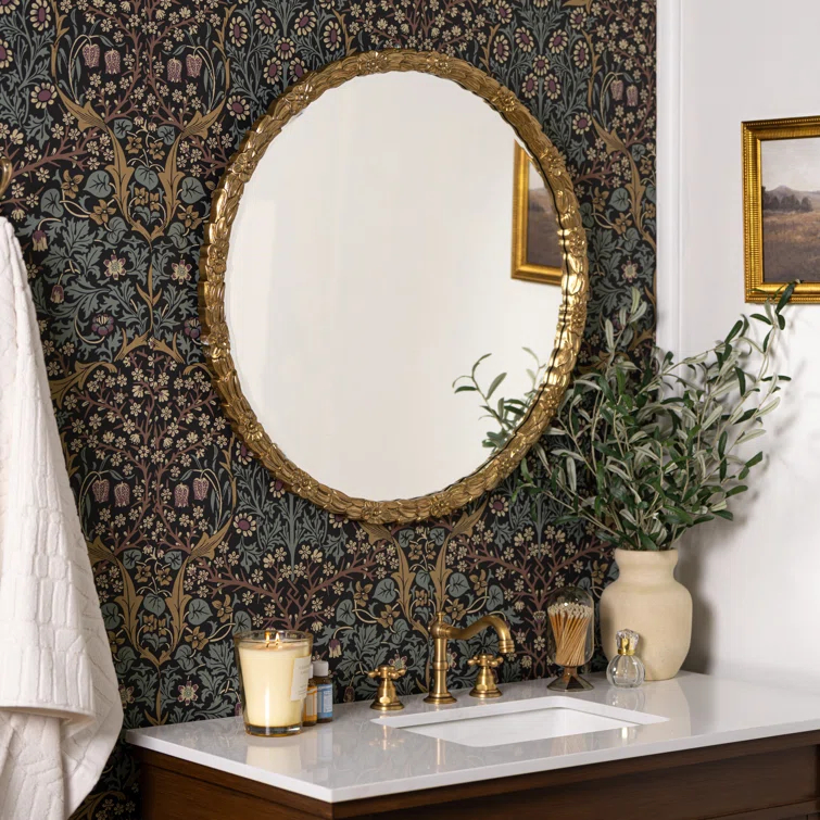 Round Gold Antique Wood Bathroom Mirror