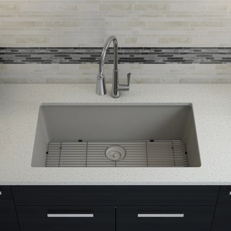 32" x 19" Quartz Kitchen Sink, Single Bowl Sink, Drop-in Sink, Undermount Sink, Granite Kitchen Sink, with Steel Grids and Basket Strainer, Disposal Flange