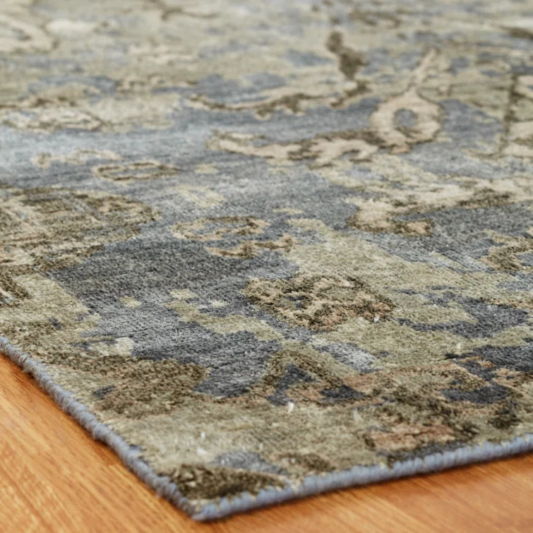 Hand-Knotted Blue Wool and Viscose 4' x 6' Area Rug