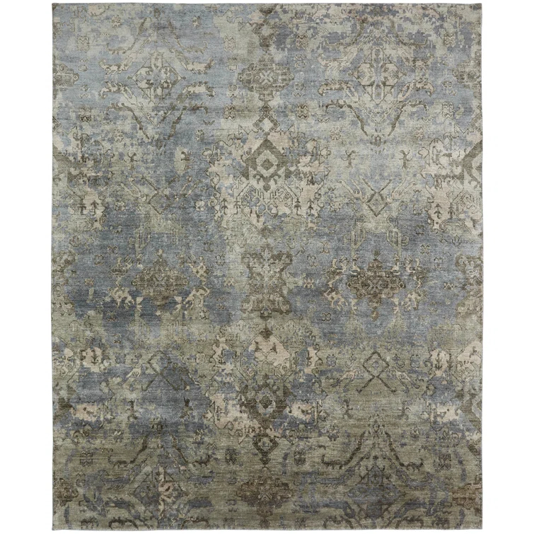 Hand-Knotted Blue Wool and Viscose 4' x 6' Area Rug