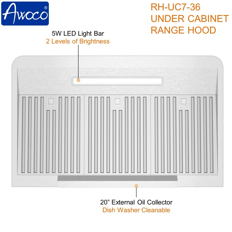 Awoco 36" Stainless Steel 900 CFM Ducted (Vented) Under Cabinet Range Hood with Baffle Filter