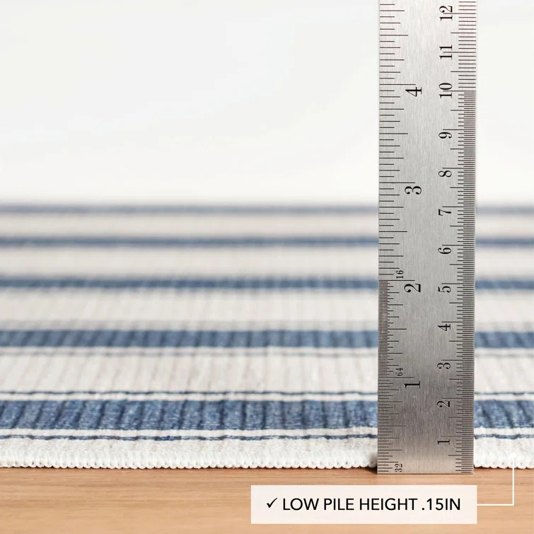 Blue Awning Stripe Machine Washable Rug
