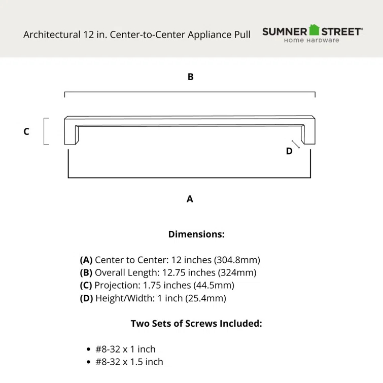 Architectural 12" Center to Center Flat Appliance Bar Pull