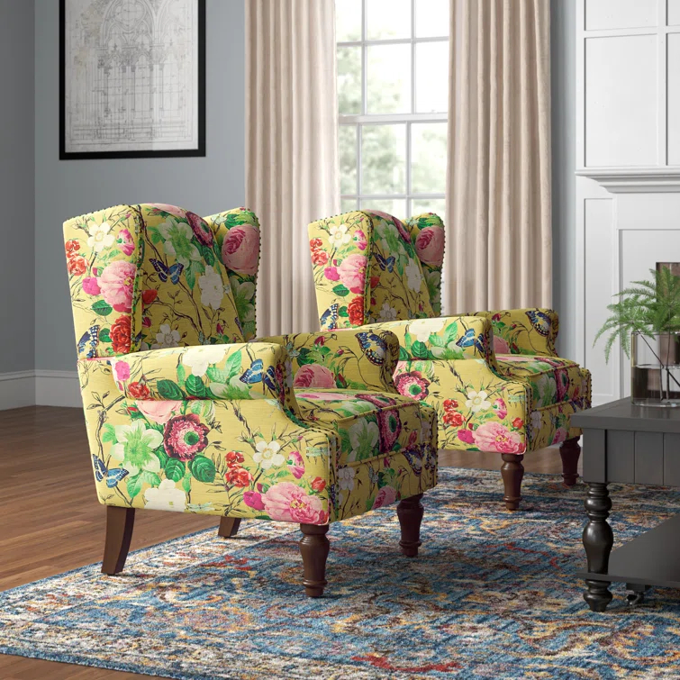 Anndi Floral Upholstered Wingback Chair (Set of 2)