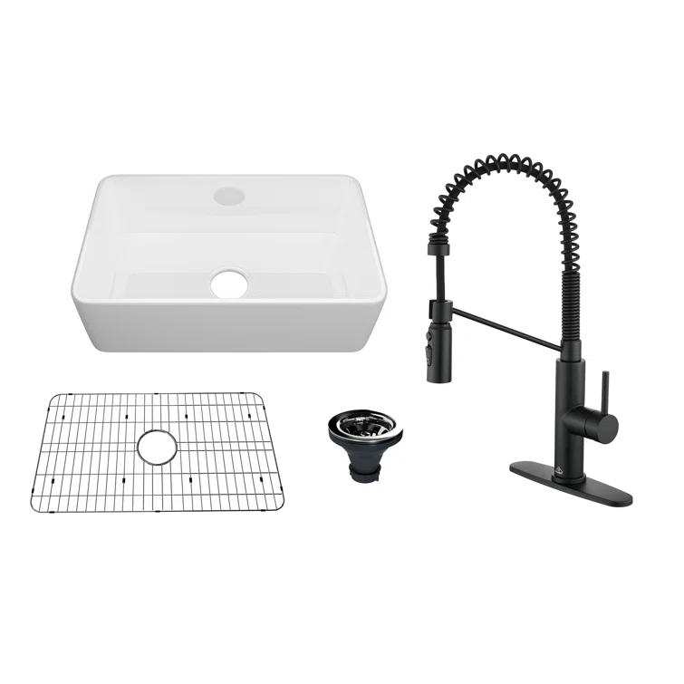 CASAINC Single Bowl White Fireclay Farmhouse Kitchen Sink With Faucet Included